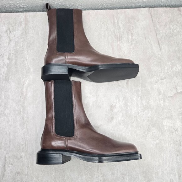 Zara Chelsea Boots Sz 7.5 Dark Brown Leather Preppy Pull On Ankle Booties - Picture 6 of 12